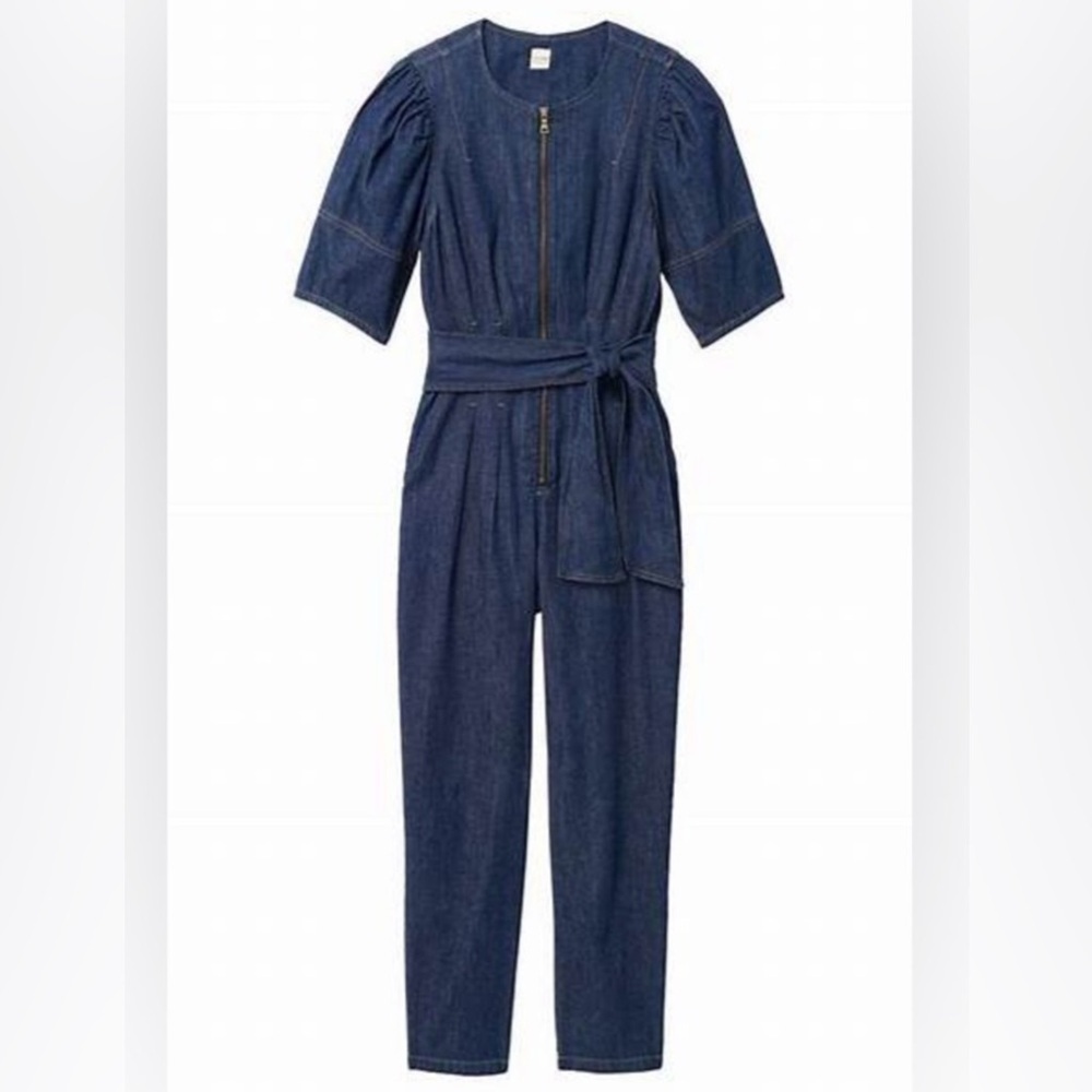 Rebecca Taylor La Vie Puff Sleeve Denim Jumpsuit size Small Tie Waist
